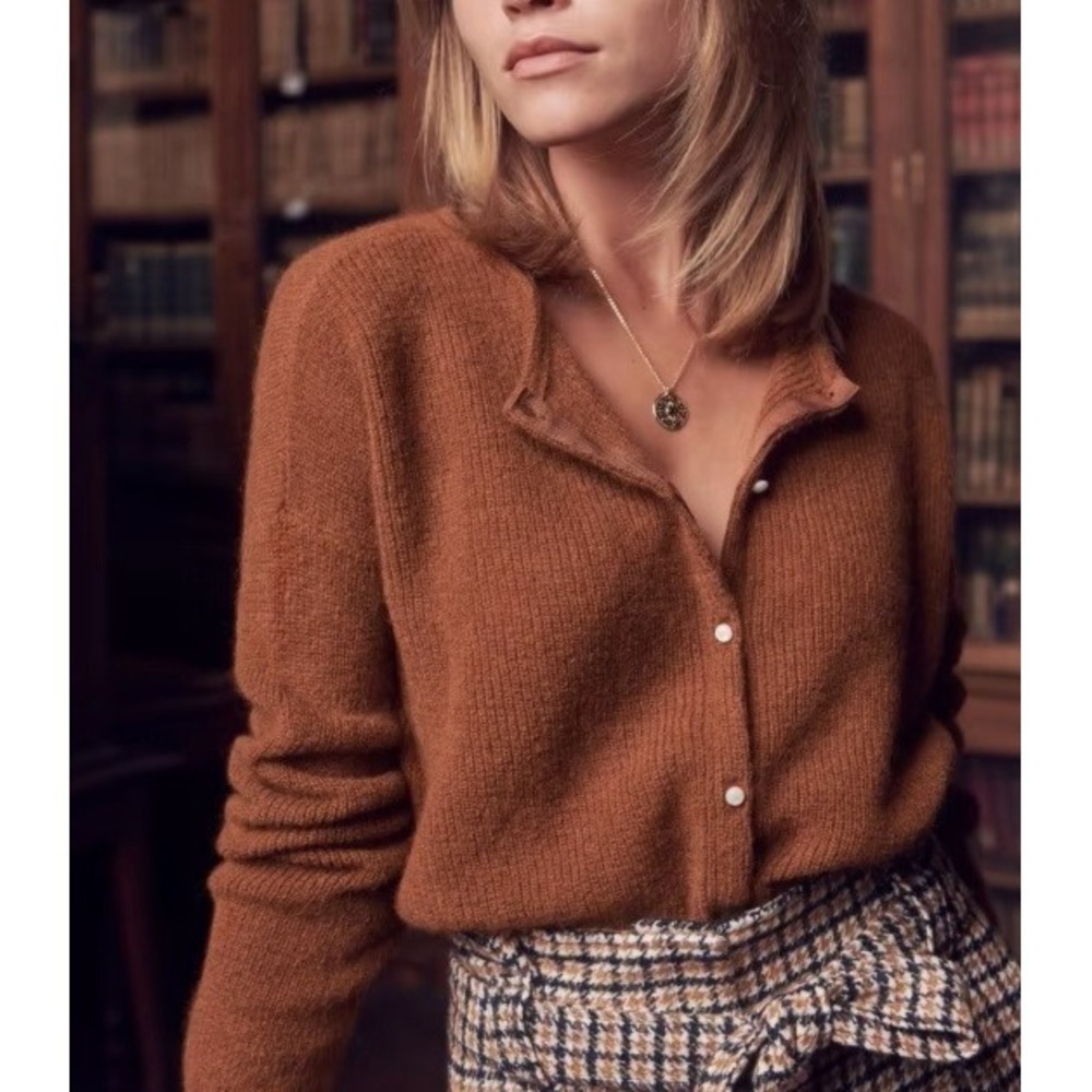 Sezane Gaspard Super Kid Mohair Baby Alpaca Cardigan Sweater Brown M Luxury - Picture 13 of 14